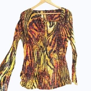 Chaus Y2K Tiger Print Cowl Neck Yellow Top Large Glam 2000s Festival Femme Funky